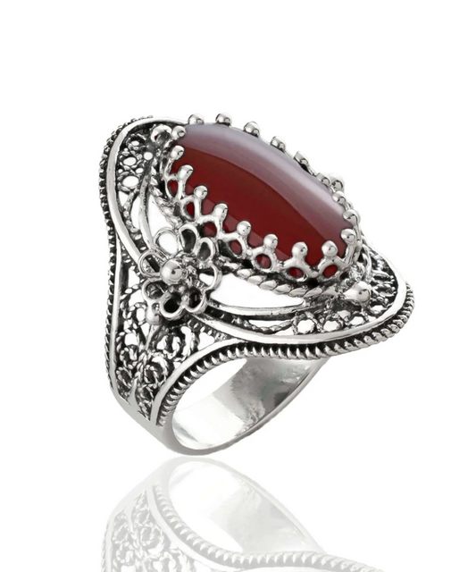 Carnelian Gemstone Sterling Silver Women Statement Ring with Daisy Figures