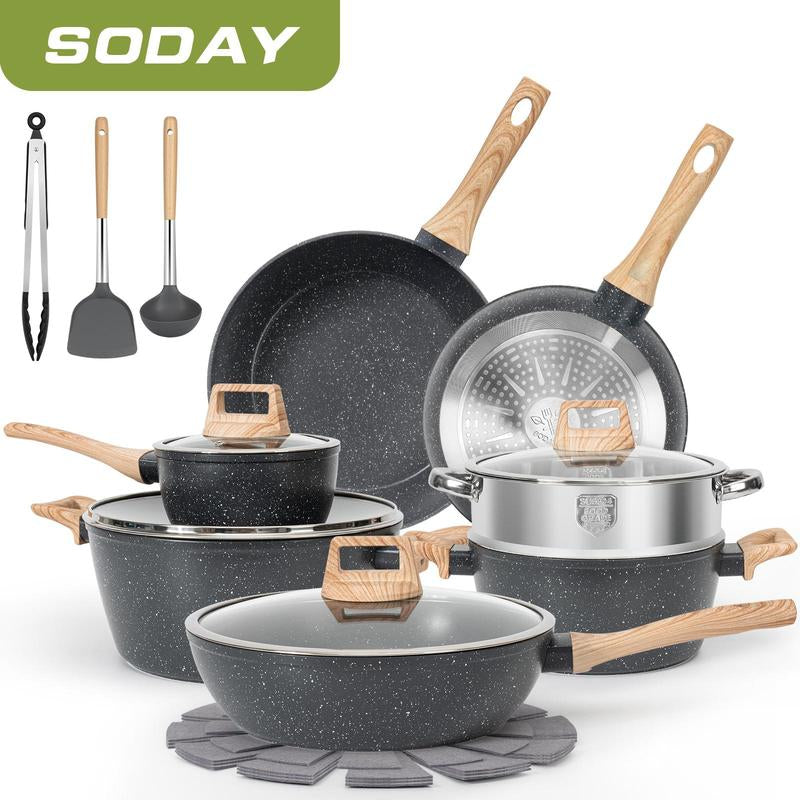 SODAY 17Pcs Pots and Pans Set Non Stick Kitchen Cookware Sets Induction Cookware Nonstick Granite Cooking Set with Frying Pans, Saucepans, Steamer