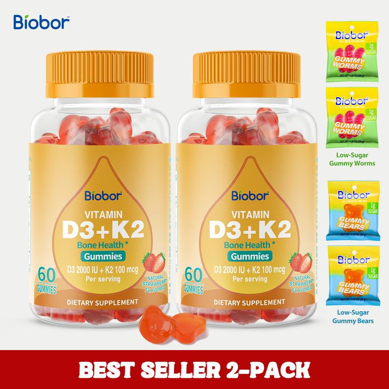 Biobor Natural Vitamin D3+K2 Gummies (2000IU D3 & 100Mcg K2) Support Healthy Bones and Immune Health. Strawberry-Flavored, Supplement Healthcare