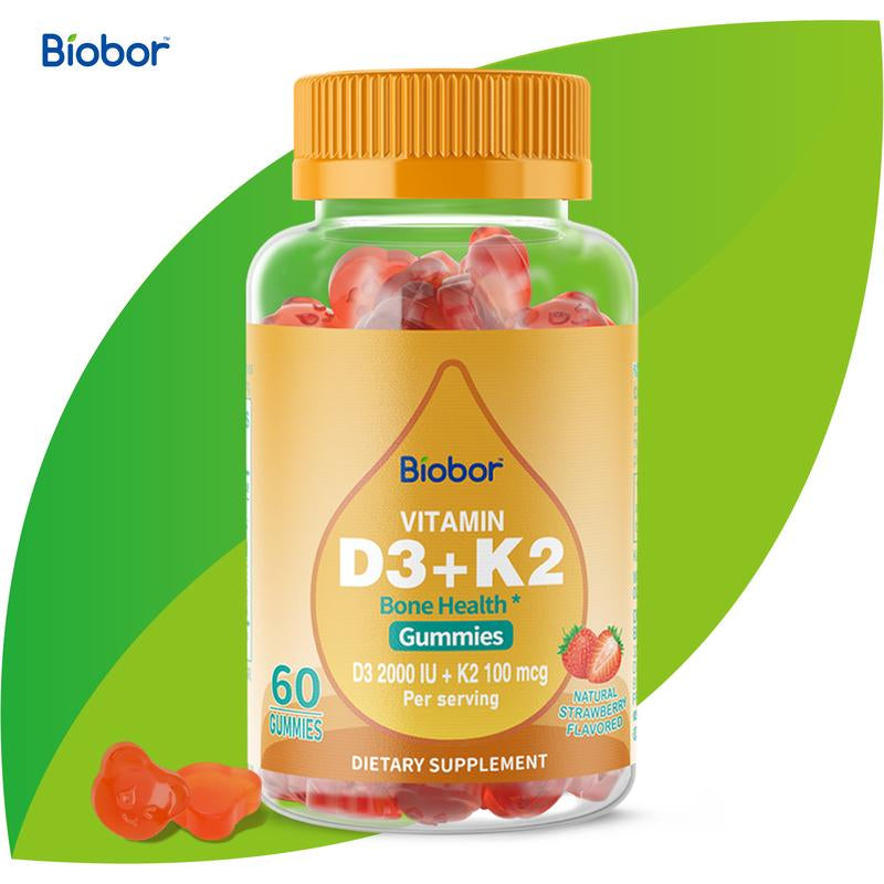 Biobor Natural Vitamin D3+K2 Gummies (2000IU D3 & 100Mcg K2) Support Healthy Bones and Immune Health. Strawberry-Flavored, Supplement Healthcare