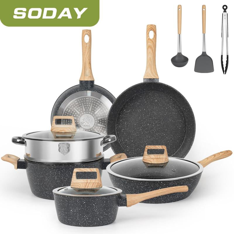 SODAY 17Pcs Pots and Pans Set Non Stick Kitchen Cookware Sets Induction Cookware Nonstick Granite Cooking Set with Frying Pans, Saucepans, Steamer