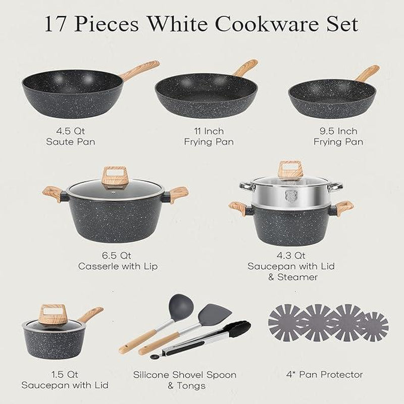 SODAY 17Pcs Pots and Pans Set Non Stick Kitchen Cookware Sets Induction Cookware Nonstick Granite Cooking Set with Frying Pans, Saucepans, Steamer