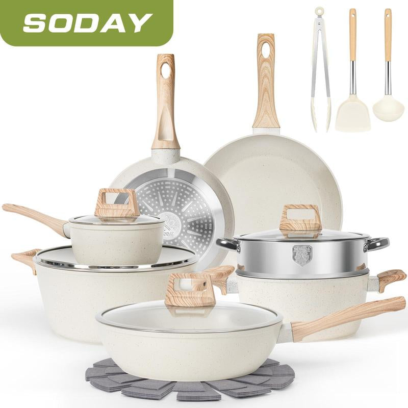 SODAY 17Pcs Pots and Pans Set Non Stick Kitchen Cookware Sets Induction Cookware Nonstick Granite Cooking Set with Frying Pans, Saucepans, Steamer