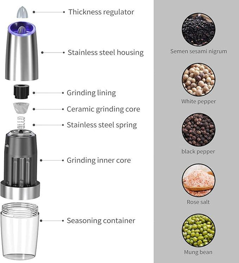 Gravity Electric Pepper and Salt Grinder Set, Adjustable Coarseness, Automatic Shakers Mill Grinder with LED Light, Battery Powered, Upgraded Larger Capacity, One Hand Operated (Sliver 2 Pack)