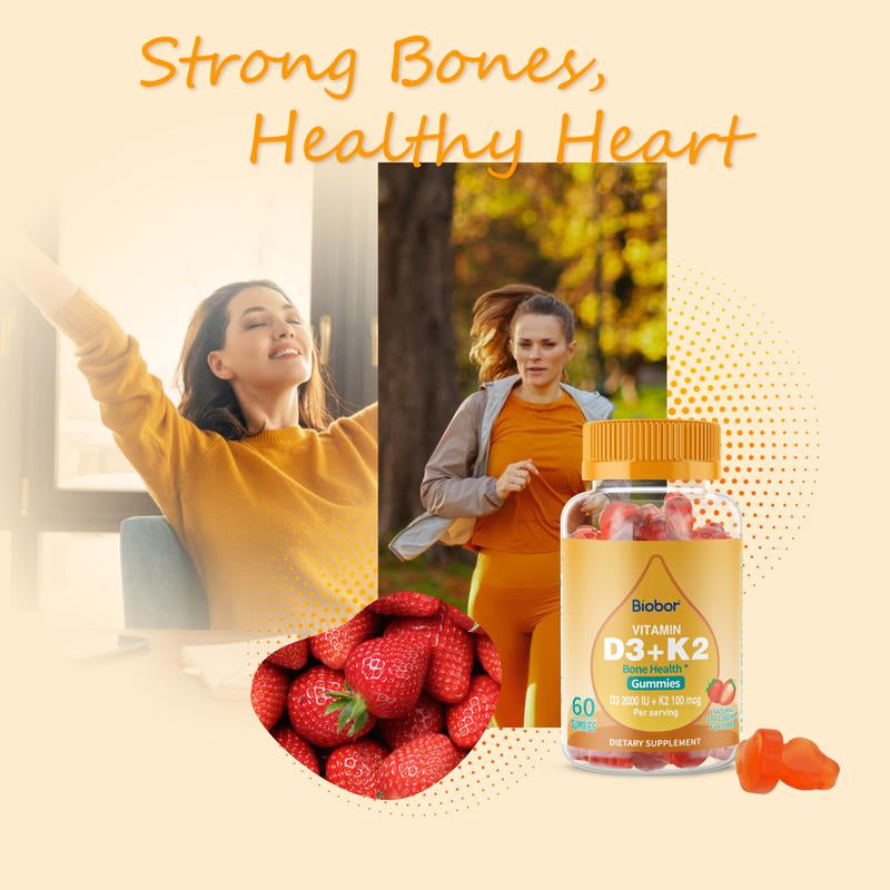 Biobor Natural Vitamin D3+K2 Gummies (2000IU D3 & 100Mcg K2) Support Healthy Bones and Immune Health. Strawberry-Flavored, Supplement Healthcare