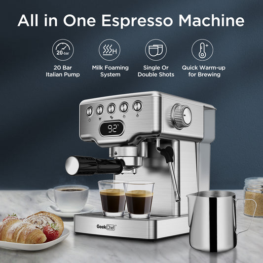 Chef Espresso Machine With Milk Frother For Latte, Cappuccino, Macchiato, For Home Espresso Maker, 1.8L Water Tank, Stainless Steel,`