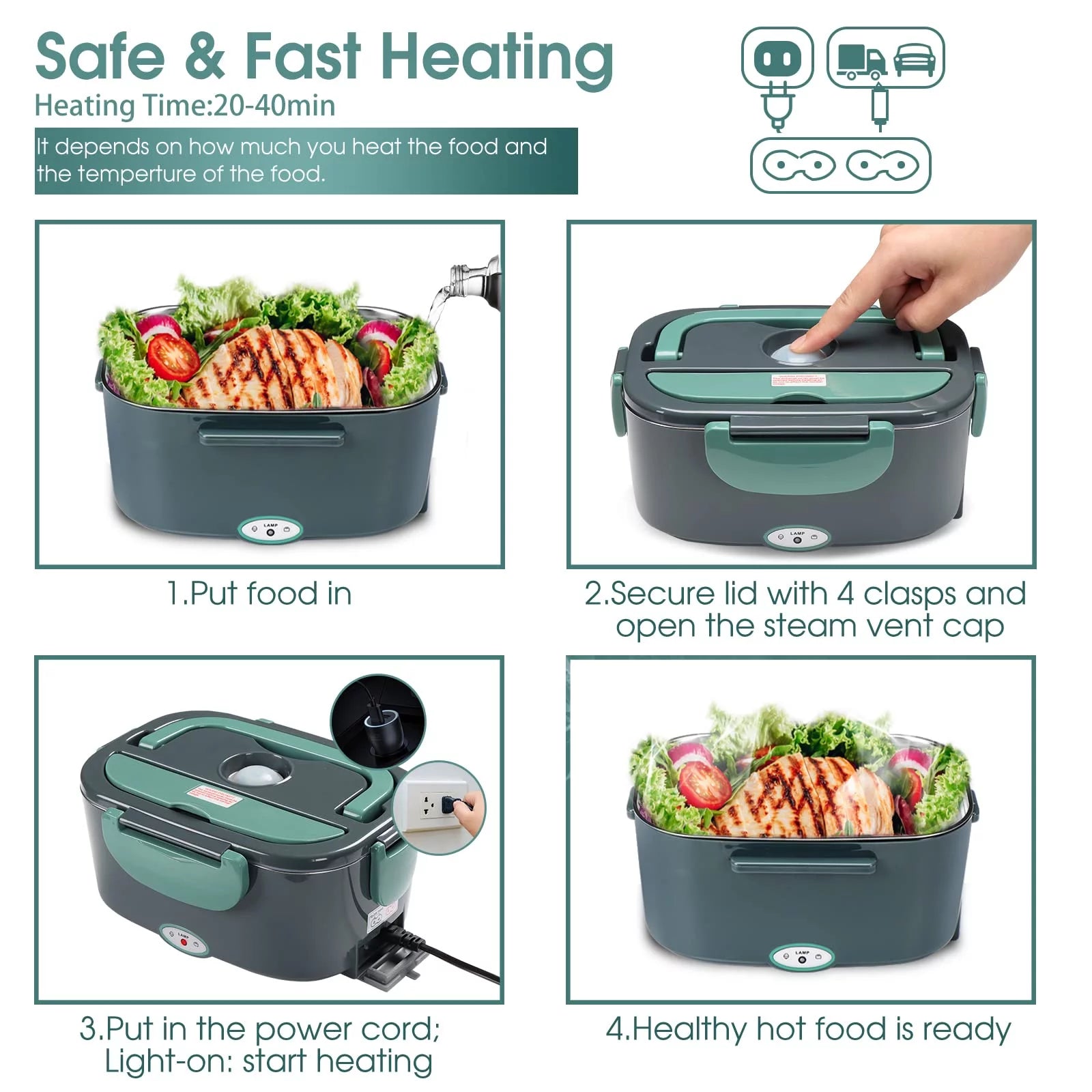 Electric Lunch Box Food Heater 3-In-1 Portable Food Warmer Lunch Box for Car & Home