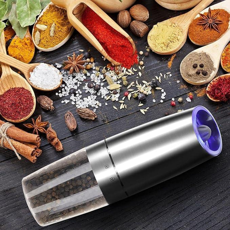 Gravity Electric Pepper and Salt Grinder Set, Adjustable Coarseness, Automatic Shakers Mill Grinder with LED Light, Battery Powered, Upgraded Larger Capacity, One Hand Operated (Sliver 2 Pack)