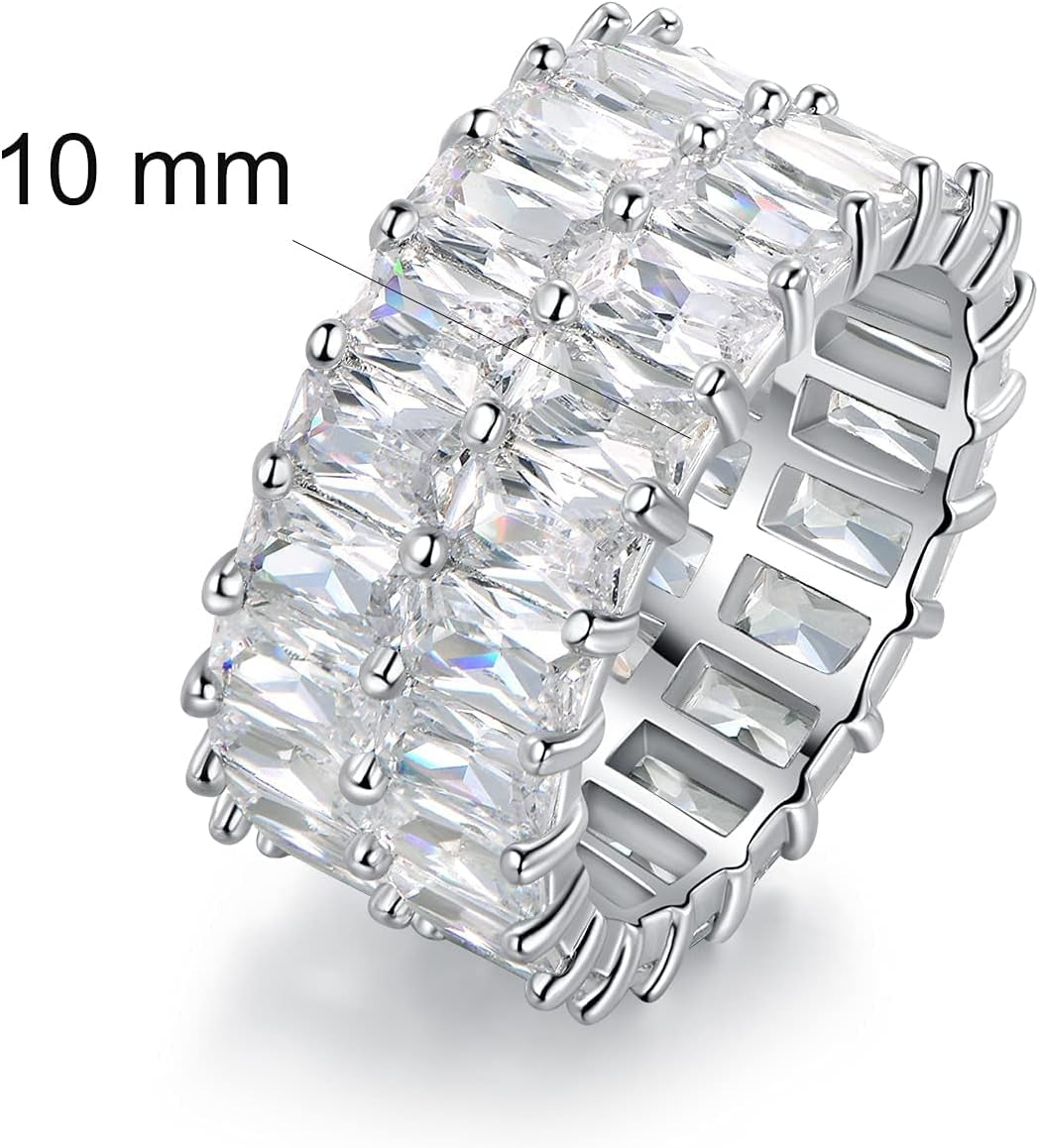 Eternity Ring Wedding Bands,18K Gold Plated 2 Rows Emerald Cut Iced Out Lab Diamond Band Rings for Women Men