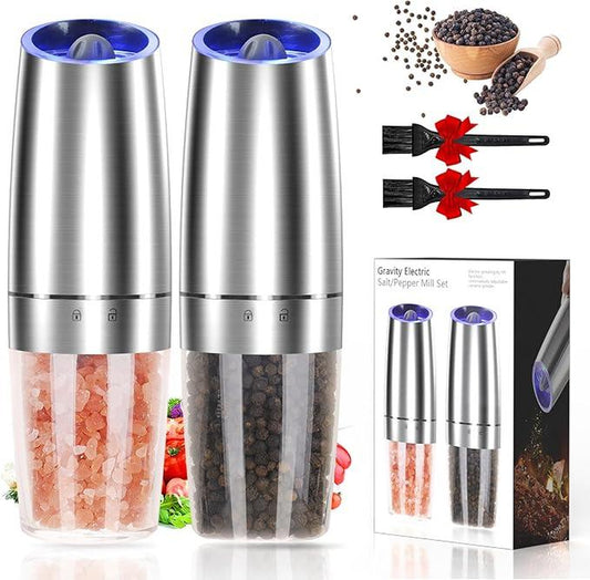 Gravity Electric Pepper and Salt Grinder Set, Adjustable Coarseness, Automatic Shakers Mill Grinder with LED Light, Battery Powered, Upgraded Larger Capacity, One Hand Operated (Sliver 2 Pack)