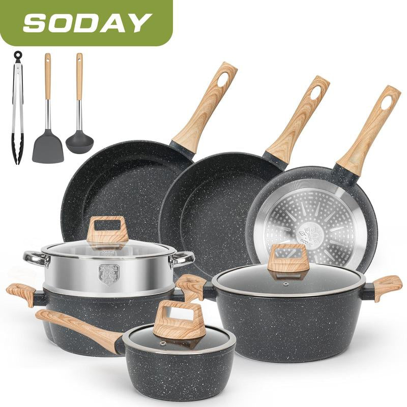 SODAY 17Pcs Pots and Pans Set Non Stick Kitchen Cookware Sets Induction Cookware Nonstick Granite Cooking Set with Frying Pans, Saucepans, Steamer