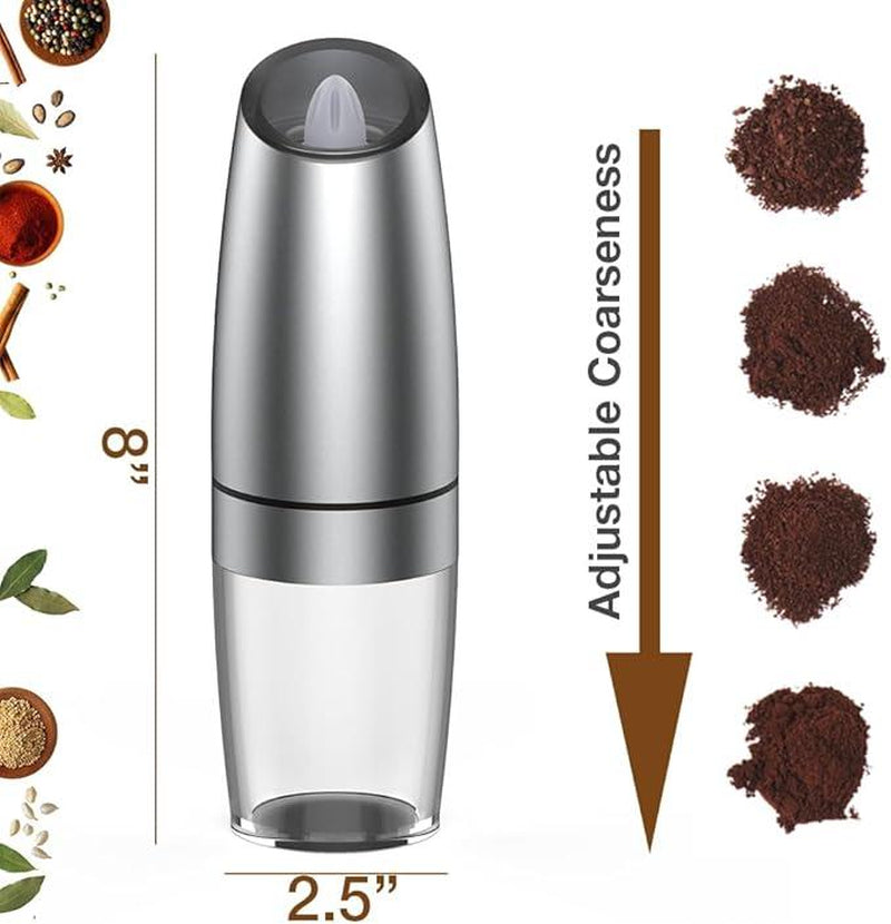 Gravity Electric Pepper and Salt Grinder Set, Adjustable Coarseness, Automatic Shakers Mill Grinder with LED Light, Battery Powered, Upgraded Larger Capacity, One Hand Operated (Sliver 2 Pack)