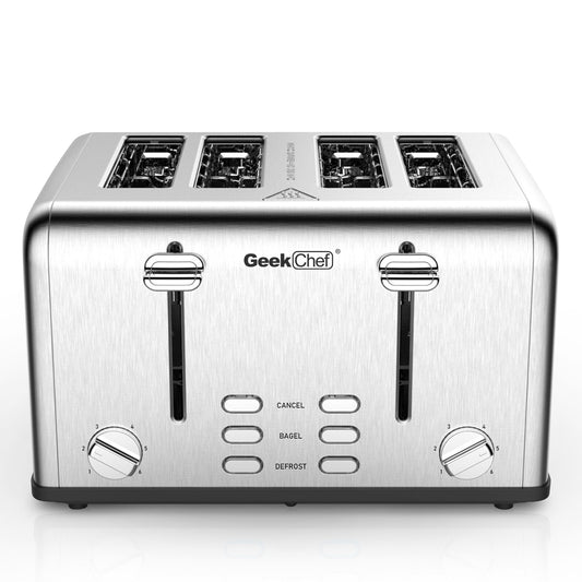 Toaster 4 Slice, Geek Chef Stainless Steel Extra-Wide Slot Toaster With Dual Control Panels Of Bagel,Defrost,Cancel Function,Ban Amazon