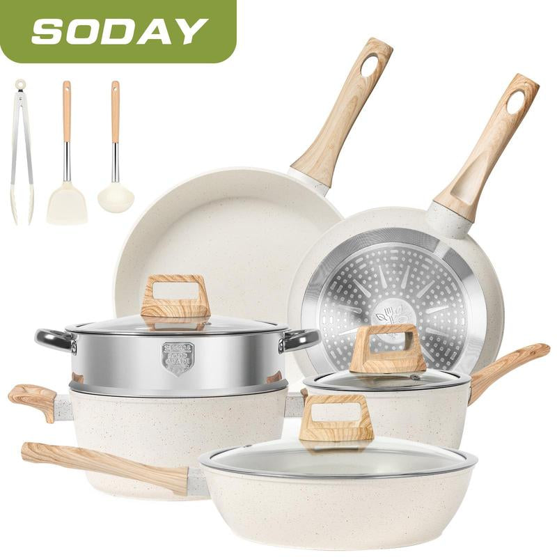 SODAY 17Pcs Pots and Pans Set Non Stick Kitchen Cookware Sets Induction Cookware Nonstick Granite Cooking Set with Frying Pans, Saucepans, Steamer