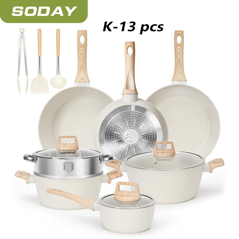 SODAY 17Pcs Pots and Pans Set Non Stick Kitchen Cookware Sets Induction Cookware Nonstick Granite Cooking Set with Frying Pans, Saucepans, Steamer