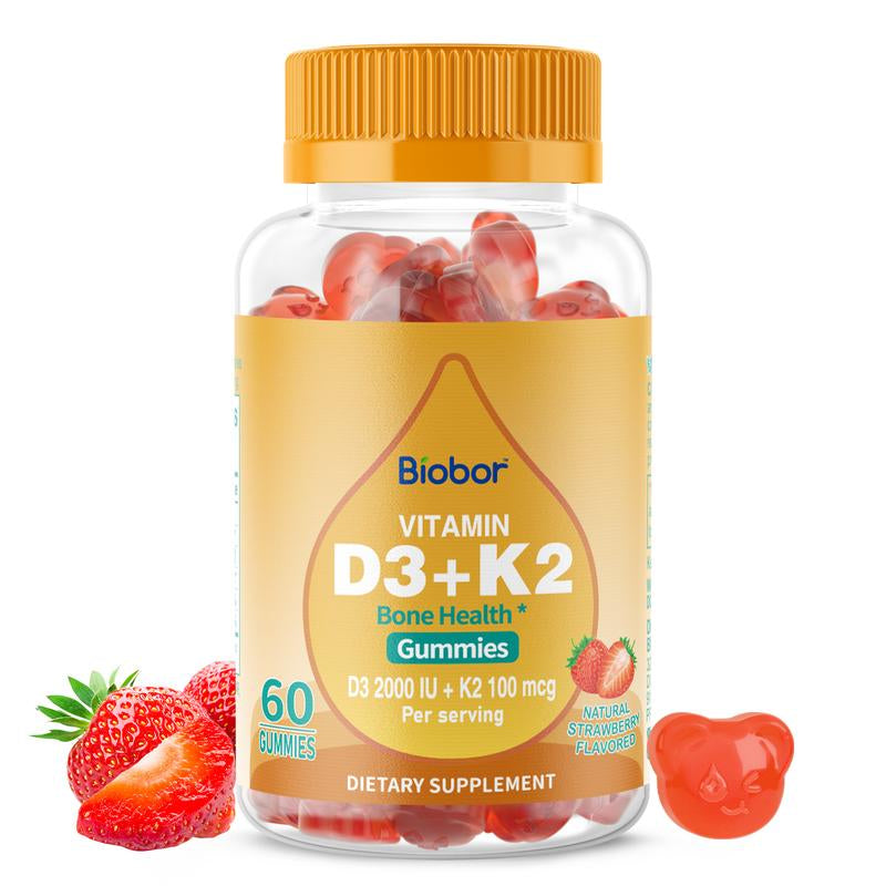 Biobor Natural Vitamin D3+K2 Gummies (2000IU D3 & 100Mcg K2) Support Healthy Bones and Immune Health. Strawberry-Flavored, Supplement Healthcare