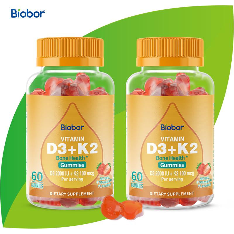 Biobor Natural Vitamin D3+K2 Gummies (2000IU D3 & 100Mcg K2) Support Healthy Bones and Immune Health. Strawberry-Flavored, Supplement Healthcare